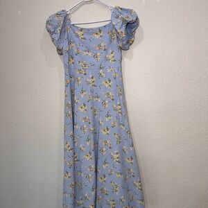 August Sky‎ Blue Floral Puff Sleeve Smocked Midi Dress RD3063 Large Cottagecore